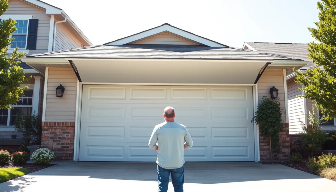 Homeowner looking at a garage door stuck fully open