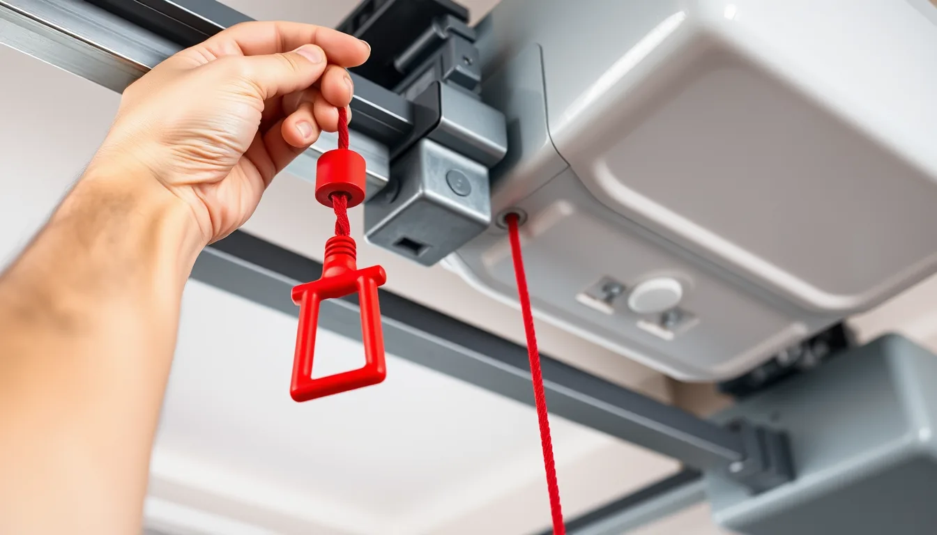 Hand pulling the red emergency release cord on a garage door opener rail