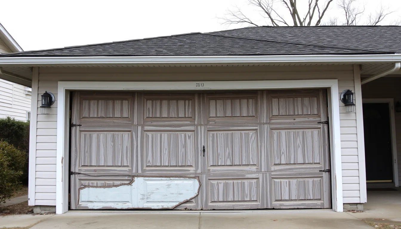 Weathered older garage door showing wear
