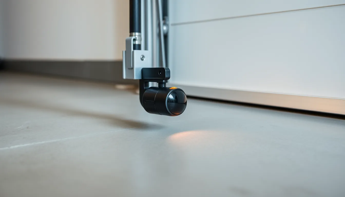 Garage door safety sensor photo-eye mounted near the floor by the track